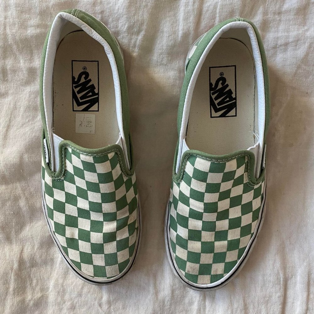 vans green + white checkered slip-on shoe